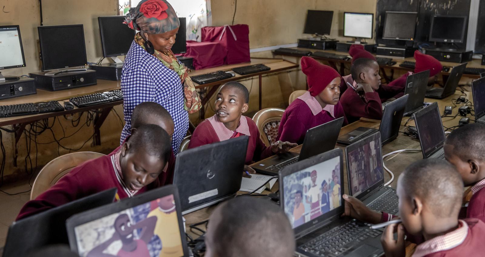 Class 8 students in the computer lab Nairobi, Kenya. Credit: GPE/Luis Tato